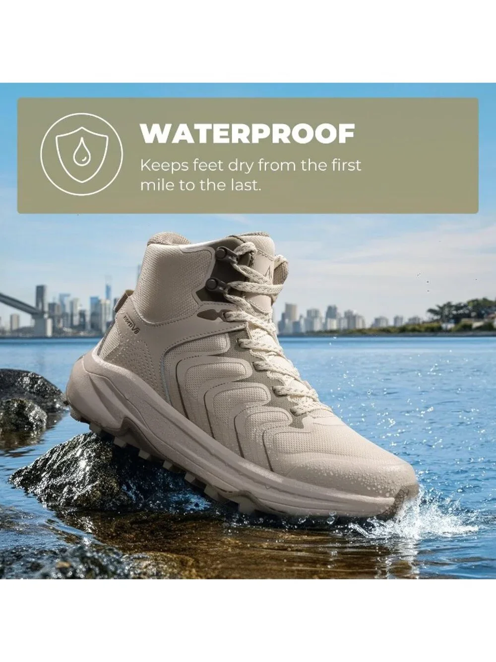 Men's Khaki Waterproof Shoes Casual High Top Round Toe Non Slip Hiking Boots